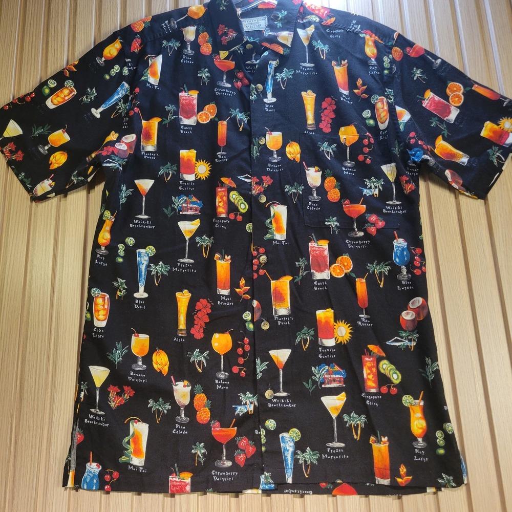 Weekender Traveler Mens Tropical Cocktail Print Button Up Shirt Black Large